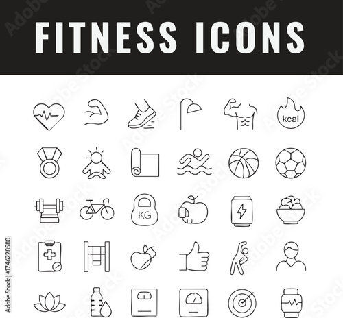 A comprehensive fitness and wellness icon set. Includes editable line icons for exercise, gym workout, strength training, running, healthy diet, and physical activity. Vector illustration.