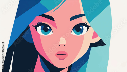 Illustration Of Portrait Beauty Woman With Smooth Skin, Huge Eyes, And A Small Nose Vector Design Template