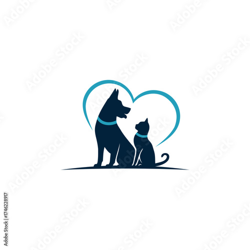 Dog and Cat Silhouette with Heart, Pet Love Graphic