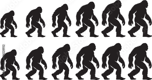 Bigfoot Walking Silhouette Collection: Cryptid Sasquatch Vector Icons in Various Poses for Wilderness Design

