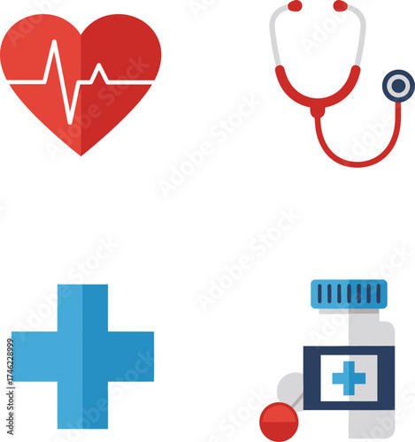 Medical icons heartbeat stethoscope cross pills bottle for healthcare and wellness designs isolated on transparent background