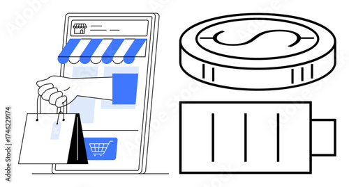 Digital storefront with hand holding bag, coin stack for financial transaction, and battery symbolizing energy. Ideal for online retail, mobile apps, e-commerce, fintech, savings, modern technology