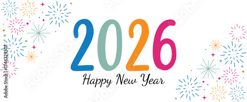Happy New Year 2026 Colorful Greeting Banner poster post design White Background
