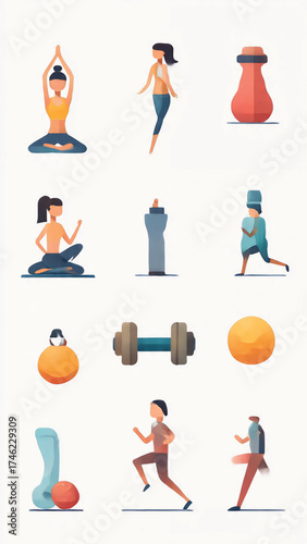 Vibrant collection of fitness and wellness icons, illustrating various exercises and equipment for a balanced active lifestyle journey