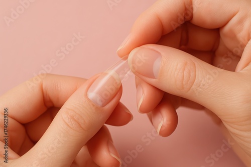 Close up hands applying clear nail tip for long nail extension preparation
