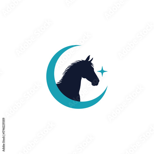 Elegant Horse Head Silhouette with Crescent Moon and Star Design