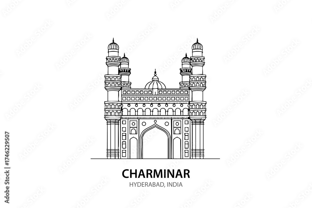 Obraz premium Charminar Hyderabad Line Art – Iconic Monument Vector Illustration of India