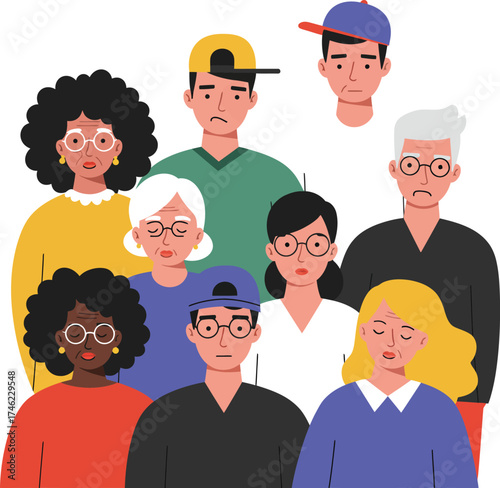 Diverse group of people portrait collection featuring various ages ethnicities and styles modern art isolated on transparent background