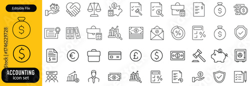 Accounting set of web icons in line style. Accounting and audit icons for web and mobile app. Containing finance report and audit, invoice, tax return, accounting, auditing, inspection and more