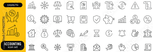 Accounting set of web icons in line style. Accounting and audit icons for web and mobile app. Containing finance report and audit, invoice, tax return, accounting, auditing, inspection and more