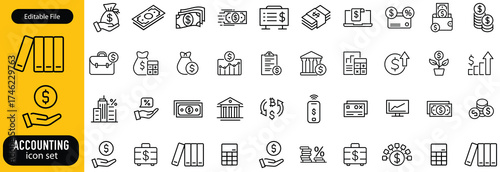 Accounting set of web icons in line style. Accounting and audit icons for web and mobile app. Containing finance report and audit, invoice, tax return, accounting, auditing, inspection and more