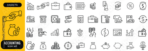 Accounting set of web icons in line style. Accounting and audit icons for web and mobile app. Containing finance report and audit, invoice, tax return, accounting, auditing, inspection and more