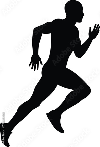 Dynamic black silhouette of a male runner in full stride capturing athletic movement and speed isolated on transparent background