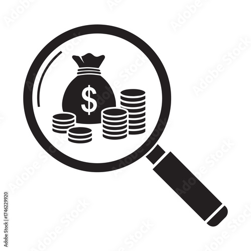 Minimal black and white magnifying glass with money bag and coins icon isolated on white background