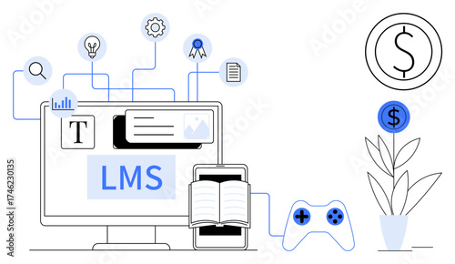 Computer monitor displaying LMS features, an open book, a game controller, icons for growth, reward, search, and progress tracking. Ideal for education, e-learning gamification knowledge training