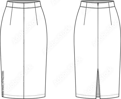 Pencil skirt technical sketch, front and back view, fashion design template, garment construction, sewing pattern, cad drawing flat vector illustration