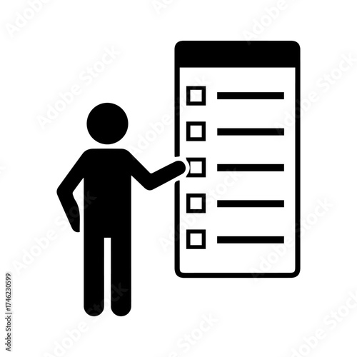 Stickman pointing at checklist board. Simple black silhouette person presenting to-do list, report, or task plan. Concept of productivity, management, instruction, or organization vector illustration.