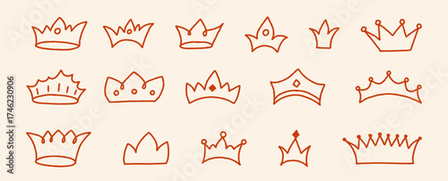 Crowns Doodle Set, Crown Line Art Scribble in Sketch Style Vector Illustration Isolated on a Background, Heads Tiara Hand Drawn Royal Diadem, King Queen Crowns Black Icons