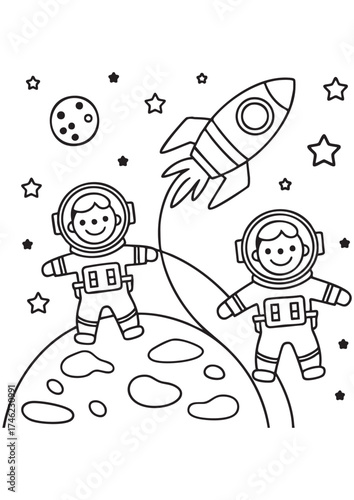 Cute cartoon astronauts in space with rocket and stars in black and white line art