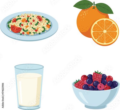 Fresh food collage featuring fruit salad milk and berries for healthy eating concepts isolated on transparent background