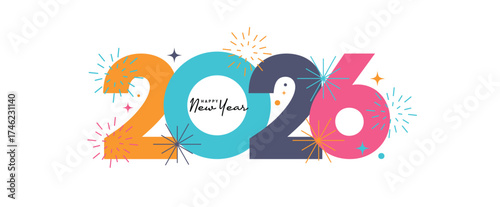 Happy New Year 2026 Colorful Greeting Banner poster post design White Background