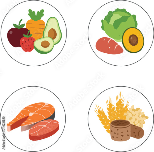 Healthy food group assortments fruits vegetables protein grains and fats dietary choices isolated on transparent background