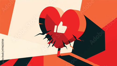 Illustration Of Single Like Heart Growing Disproportionately Large, Threatening To Crush The Tiny Post It's Attached To Vector Design Template