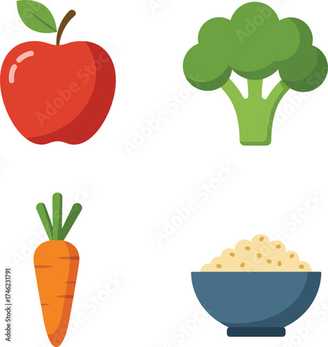 Healthy food icons apple broccoli carrot rice bowl for nutrition and dieting concepts isolated on transparent background