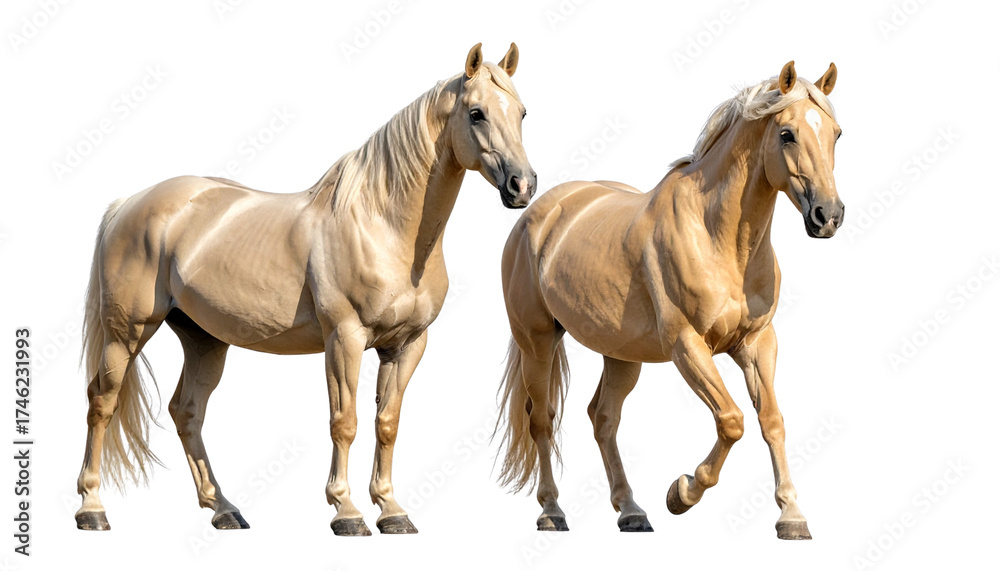 Fototapeta premium Two Beige Horse Variations Side by Side, isolated on transparent background