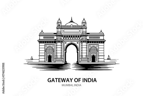 Gateway of India Mumbai Line Art – Iconic Indian Monument Vector Illustration