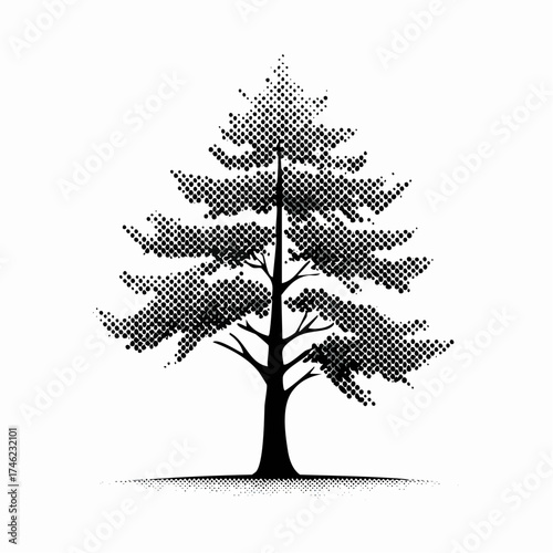 Halftone evergreen tree illustration for vintage print or logo design element