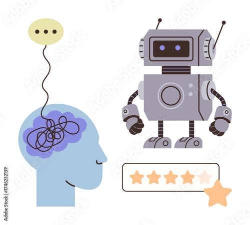 Tangled thoughts emerging from a human brain, robot assessing with a five-star rating system. Ideal for AI, technology, decision-making, human-machine interaction, cognitive processes, evaluation