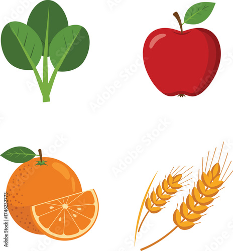 Colorful icons representing healthy foods spinach apple orange wheat grains for nutrition and diet themes isolated on transparent background
