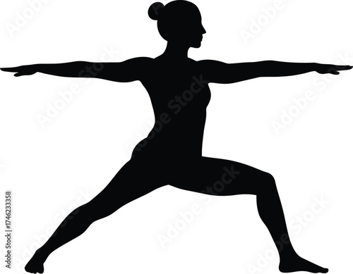 Silhouette of a woman performing a yoga warrior pose for fitness and wellness isolated on transparent background