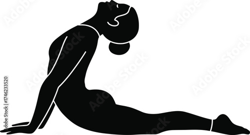 Silhouette of a woman performing cobra pose in yoga stretches and exercises isolated on transparent background