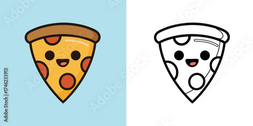 Cute Smiling Pizza Slice Vector Illustration – Cartoon Food Character with Outline Version