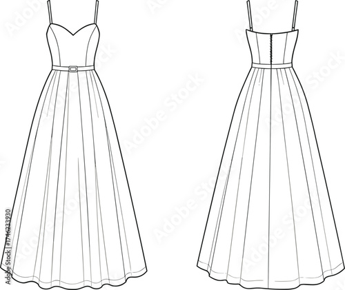 Sleeveless flared dress technical sketch, sweetheart neckline, front and back view, fashion flat drawing, CAD vector illustration, apparel template