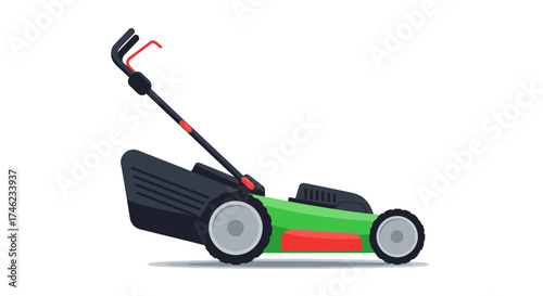Flat Vector Illustration of a Green and Red Lawn Mower Used for Garden Maintenance and Grass Cutting Tasks