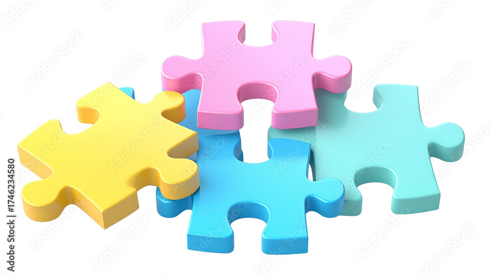 Obraz premium Colorful Pastel Jigsaw Puzzle Pieces 3D Render isolated on transparent background cutout