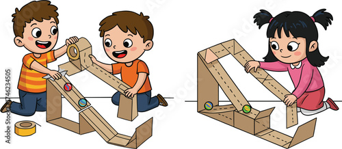 Children building marble runs, STEM activity, cardboard engineering, hands-on learning, physics experiment, creative play, problem solving, classroom science, teamwork, education