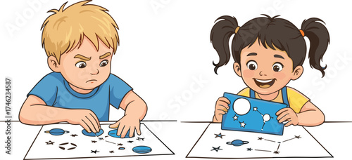 Children doing astronomy activity, identifying constellations, cartoon kids, space learning, planets and stars, preschool science, teamwork, curiosity, education, vector