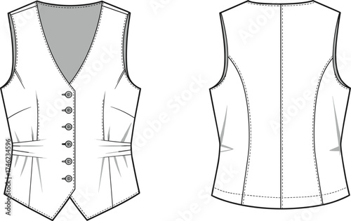 Tailored vest technical sketch, front and back view, fashion flat, garment construction, princess seams, cad drawing flat vector illustration