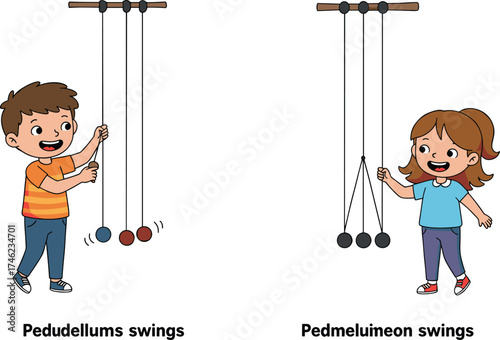 Children experimenting with pendulums, physics motion activity, swinging ball setup, classroom science, cartoon illustration, mechanical concept, hands-on learning, comparison