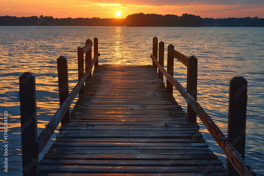 Fototapeta premium Tranquil sunrise illuminates wooden pier extending over calm lake, creating serene and peaceful atmosphere