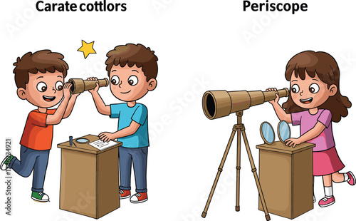 Children exploring optical devices, periscope and homemade tube experiment, science activity, cartoon illustration, classroom learning, mirrors, hands-on physics, discovery