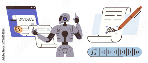 Robot managing digital invoice, handwritten text recognition, and audio transcription. Ideal for automation, AI, data processing, transcription, finance efficiency productivity. Simple flat