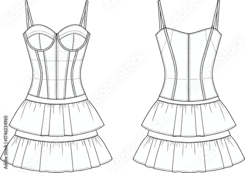 Tiered ruffle dress technical sketch, corset bodice design, front and back view, fashion flat drawing, CAD vector illustration, apparel template