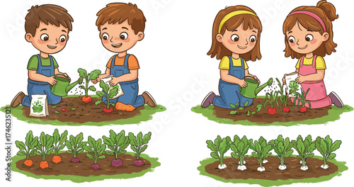 Children gardening, planting vegetables, teamwork outdoors, kids watering plants, carrot and garlic seeds, soil cultivation, spring activity, educational farming, cartoon illustration