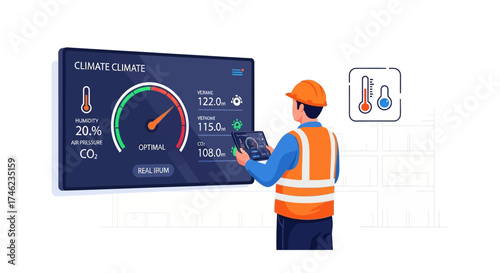 HVAC technician monitoring climate control system on digital display.
