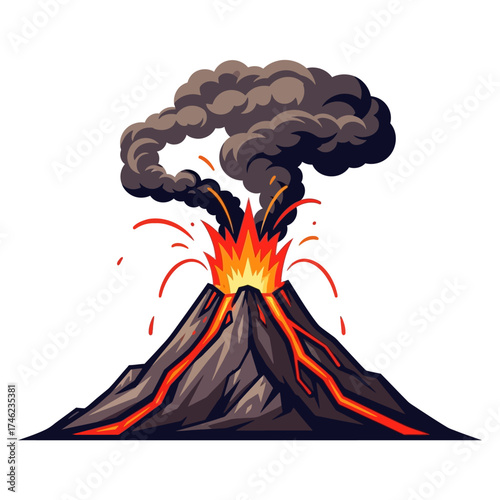 Illustration of a Volcano Erupting with Lava and Smoke.